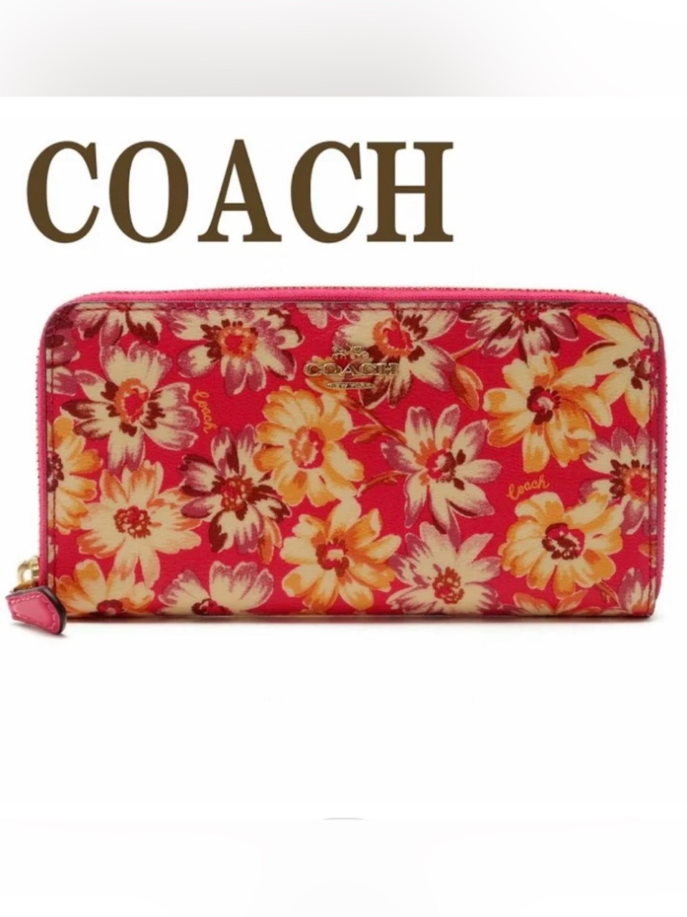COACH, Long Zip Around Accordion Wallet with Vintage Daisy Script Print Design
